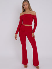 Slinky Bardot Crop Top & Fold Over Flared Trouser Co-ord