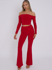Slinky Bardot Crop Top & Fold Over Flared Trouser Co-ord