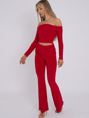 Slinky Bardot Crop Top & Fold Over Flared Trouser Co-ord