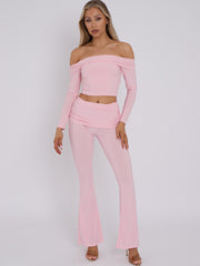 Slinky Bardot Crop Top & Fold Over Flared Trouser Co-ord