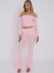 Slinky Bardot Crop Top & Fold Over Flared Trouser Co-ord