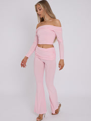 Slinky Bardot Crop Top & Fold Over Flared Trouser Co-ord