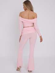 Slinky Bardot Crop Top & Fold Over Flared Trouser Co-ord