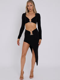 Slinky Horseshoe Buckle Detail Crop Top & Skirt Co-ord - Black