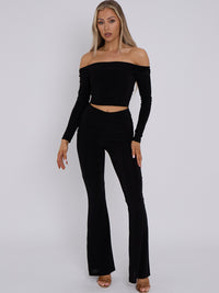 Slinky Bardot Crop Top & Fold Overed Flaar Laubled Trouser Coörd - Black