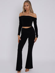 Slinky Bardot Crop Top & Fold Over Flared Trouser Co-ord
