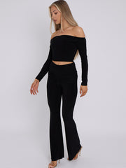 Slinky Bardot Crop Top & Fold Over Flared Trouser Co-ord