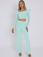Frill Shoulder Slinky Crop Top & Wide Leg Trouser Co-ord