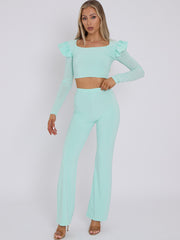 Frill Shoulder Slinky Crop Top & Wide Leg Trouser Co-ord