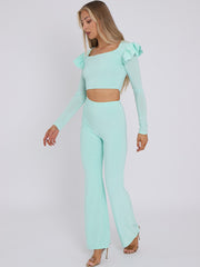 Frill Shoulder Slinky Crop Top & Wide Leg Trouser Co-ord