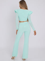 Frill Shoulder Slinky Crop Top & Wide Leg Trouser Co-ord