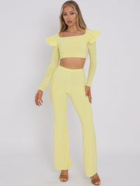 Frill Shoulder Slinky Crop Top & Wide Leg Trouser Co-ord - Yellow