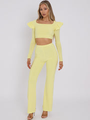 Frill Shoulder Slinky Crop Top & Wide Leg Trouser Co-ord