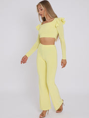 Frill Shoulder Slinky Crop Top & Wide Leg Trouser Co-ord