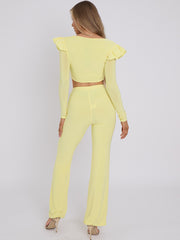 Frill Shoulder Slinky Crop Top & Wide Leg Trouser Co-ord