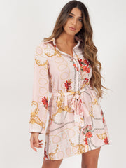 Floral Chain Print Tie Waist Shirt Dress