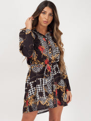 Floral Chain Print Tie Waist Shirt Dress