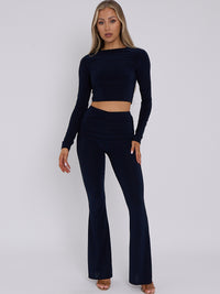 Slinky Crop Top & Fold über ausgestellter Hosen Co-ordte - Navy