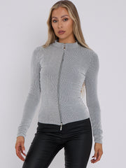 High Neck Zip Up Ribbed Top