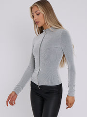 High Neck Zip Up Ribbed Top