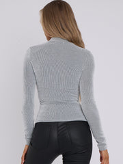 High Neck Zip Up Ribbed Top