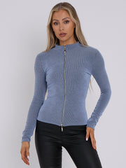 High Neck Zip Up Ribbed Top