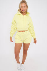 Cropped Zip Up Ruched Sleeve Hoodie & Shorts Fleece Co-ord