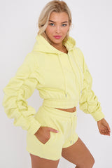 Cropped Zip Up Ruched Sleeve Hoodie & Shorts Fleece Co-ord
