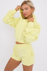 Cropped Zip Up Ruched Sleeve Hoodie & Shorts Fleece Co-ord