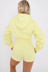 Cropped Zip Up Ruched Sleeve Hoodie & Shorts Fleece Co-ord