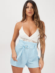 High Waist Checked Belted Shorts
