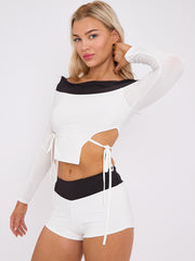 Contrast Lace Tie Knot Detail Crop Top & Shorts Co-ord