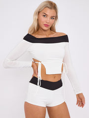 Contrast Lace Tie Knot Detail Crop Top & Shorts Co-ord