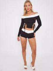 Contrast Lace Tie Knot Detail Crop Top & Shorts Co-ord