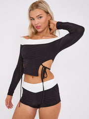 Contrast Lace Tie Knot Detail Crop Top & Shorts Co-ord