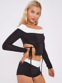 Contrast Lace Lace Tie Knot Detalle Top Top & Shorts Coord - Black