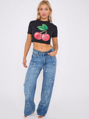 Crucifix geborduurde rechte been denim jeans