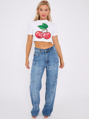 Crucifix geborduurde rechte been denim jeans