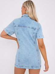 Short Sleeve Button Down Mini Denim Shirt Dress