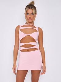 Slinky Cut Away Twist Front Bodycon Dress - Pink