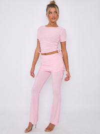 Ruched Crop Top & Fold Over Flared Trouser Co-ord - Pink