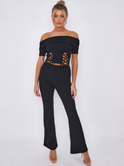 Lace Up Ribbed Bardot Top & Fold Over Flared Trouser Co-ord