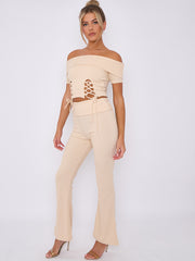 Lace Up Ribbed Bardot Top & Fold Over Flared Trouser Co-ord