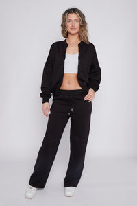 Übergroßer Bomberstil-Fleece-Zipper-Co-ordte - Black