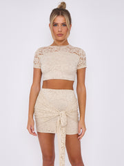 Lace Detail Crop Top & Skirt Co-ord With Tie Knot Drape Detail