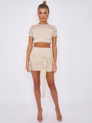 Lace Detail Crop Top & Skirt Co-ord With Tie Knot Drape Detail