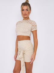 Lace Detail Crop Top & Skirt Co-ord With Tie Knot Drape Detail