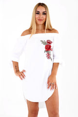 Rose Embroidered Curved Hem Bardot Dress Top