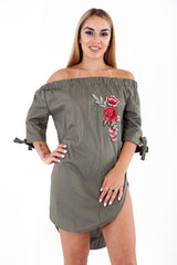 Rose Embroidered Curved Hem Bardot Dress Top