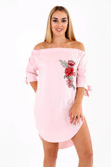 Rose Embroidered Curved Hem Bardot Dress Top